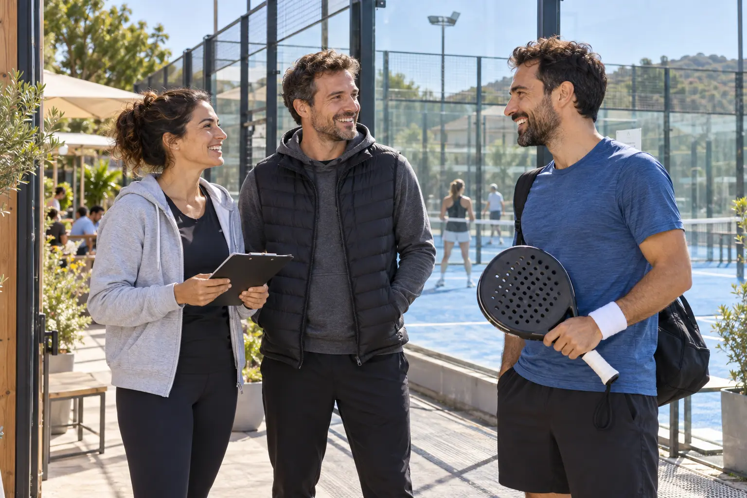 Szervezők és játékos egy padelklubban · MI által készített szemléltető képek